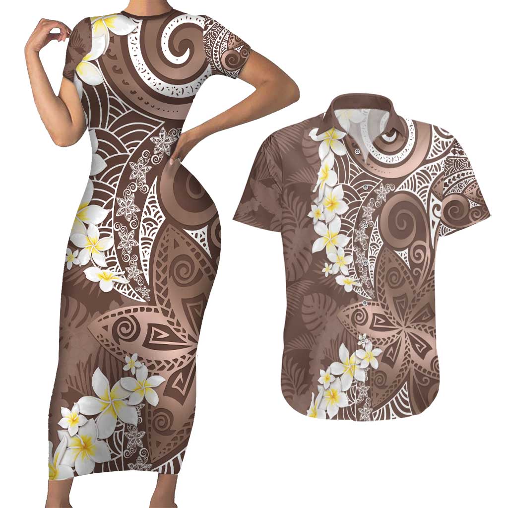 Mocha Mousse Polynesian Tribal Frangipani Tropical Vibe Couples Matching Short Sleeve Bodycon Dress and Hawaiian Shirt