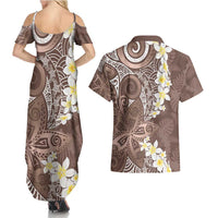 Mocha Mousse Polynesian Tribal Frangipani Tropical Vibe Couples Matching Summer Maxi Dress and Hawaiian Shirt