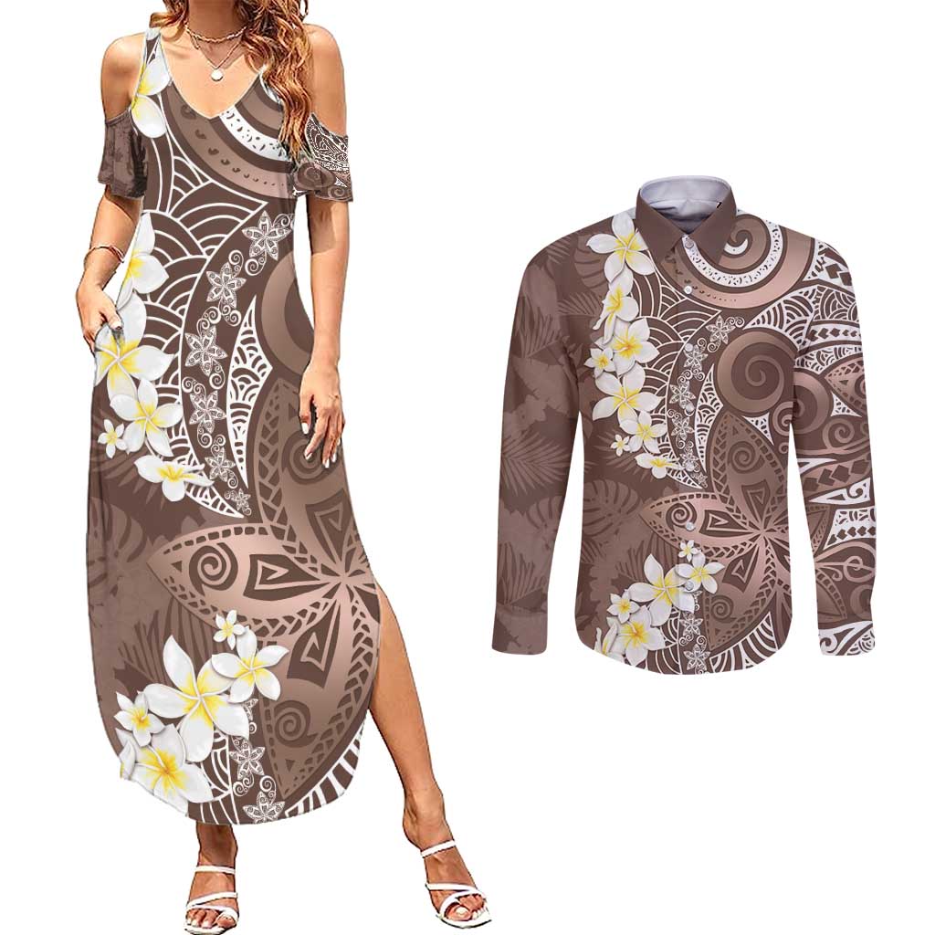 Mocha Mousse Polynesian Tribal Frangipani Tropical Vibe Couples Matching Summer Maxi Dress and Long Sleeve Button Shirt
