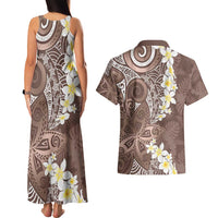Mocha Mousse Polynesian Tribal Frangipani Tropical Vibe Couples Matching Tank Maxi Dress and Hawaiian Shirt