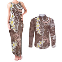 Mocha Mousse Polynesian Tribal Frangipani Tropical Vibe Couples Matching Tank Maxi Dress and Long Sleeve Button Shirt