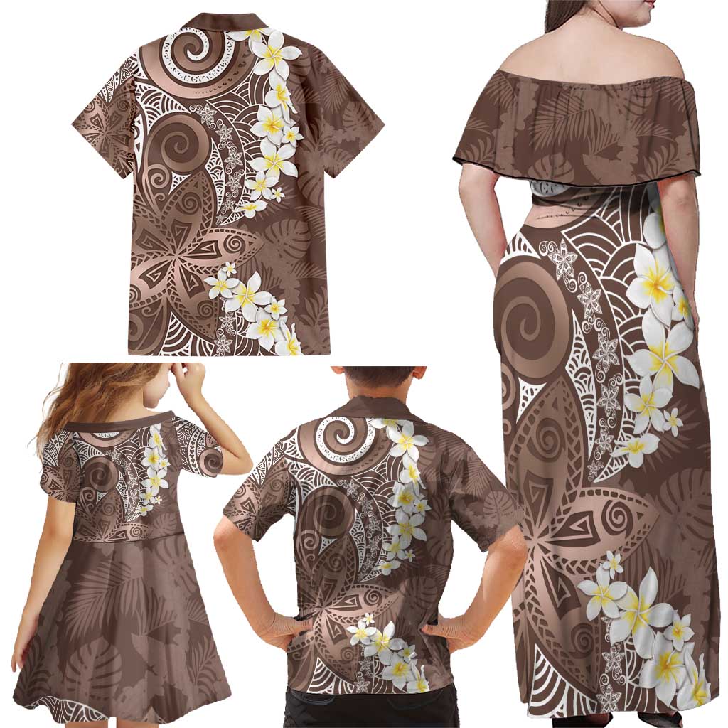 Mocha Mousse Polynesian Tribal Frangipani Tropical Vibe Family Matching Off Shoulder Maxi Dress and Hawaiian Shirt