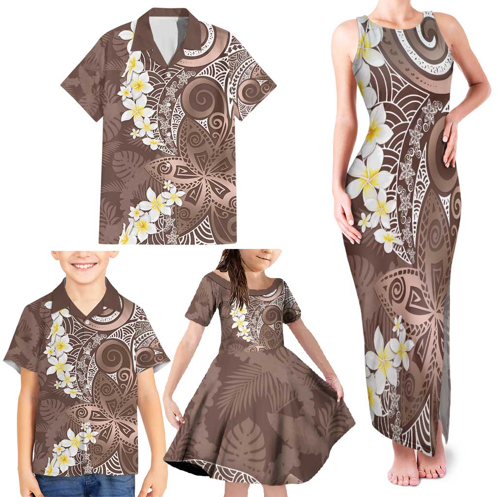 Mocha Mousse Polynesian Tribal Frangipani Tropical Vibe Family Matching Tank Maxi Dress and Hawaiian Shirt
