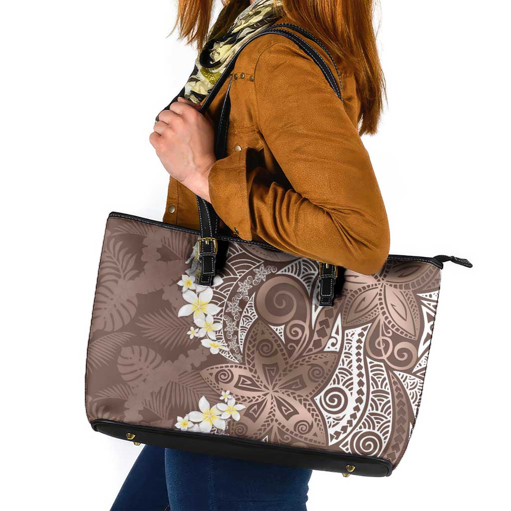 Mocha Mousse Polynesian Tribal Frangipani Tropical Vibe Leather Tote Bag