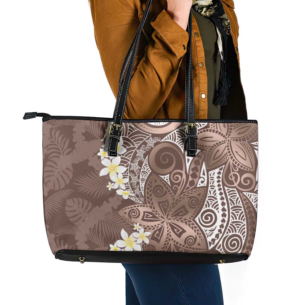 Mocha Mousse Polynesian Tribal Frangipani Tropical Vibe Leather Tote Bag