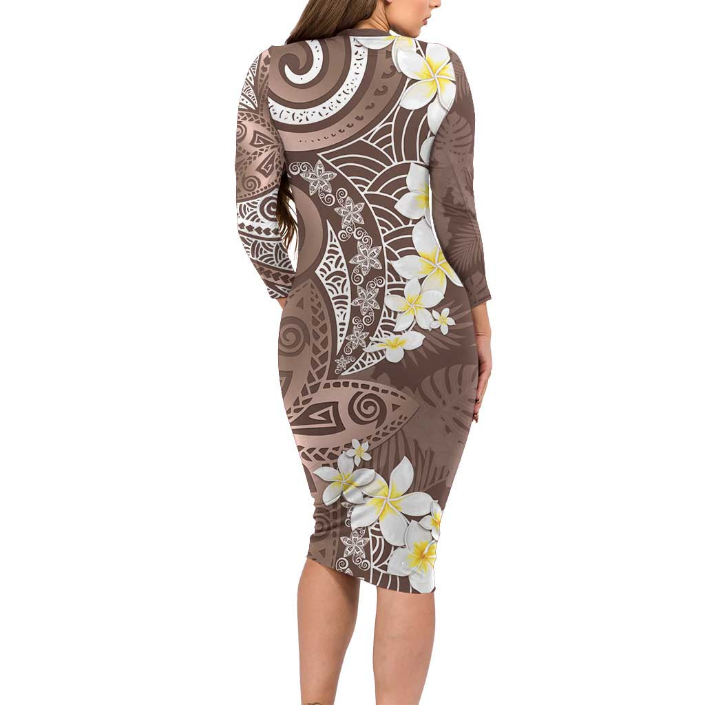 Mocha Mousse Polynesian Tribal Frangipani Tropical Vibe Long Sleeve Bodycon Dress