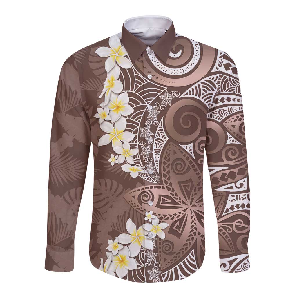 Mocha Mousse Polynesian Tribal Frangipani Tropical Vibe Long Sleeve Button Shirt