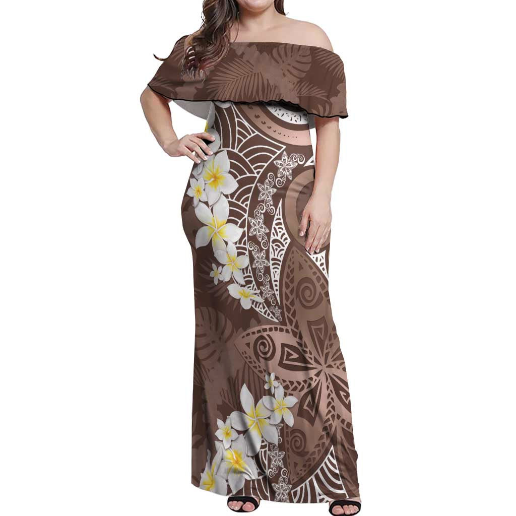Mocha Mousse Polynesian Tribal Frangipani Tropical Vibe Off Shoulder Maxi Dress
