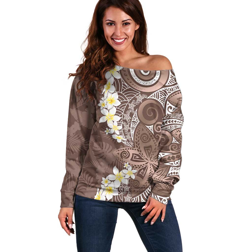 Mocha Mousse Polynesian Tribal Frangipani Tropical Vibe Off Shoulder Sweater