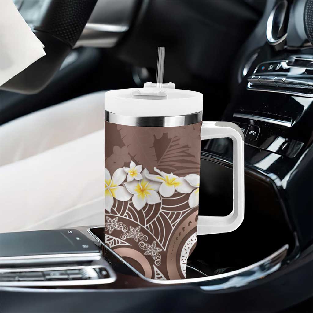Mocha Mousse Polynesian Tribal Frangipani Tropical Vibe Tumbler With Handle