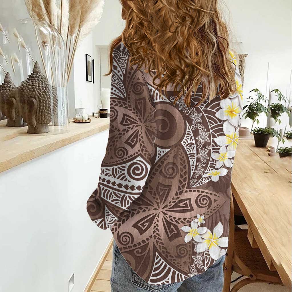Mocha Mousse Polynesian Tribal Frangipani Tropical Vibe Women Casual Shirt