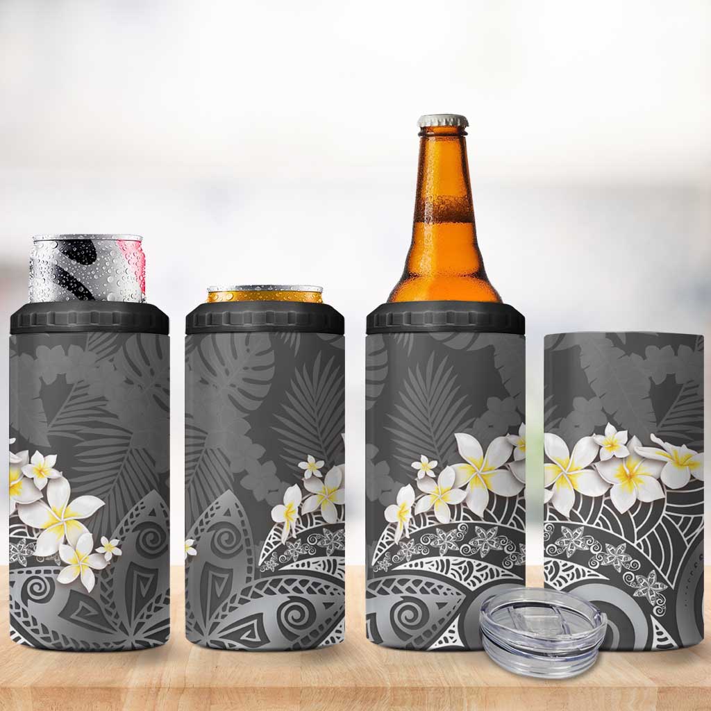 Gray Polynesian Tribal Frangipani Tropical Vibe 4 in 1 Can Cooler Tumbler