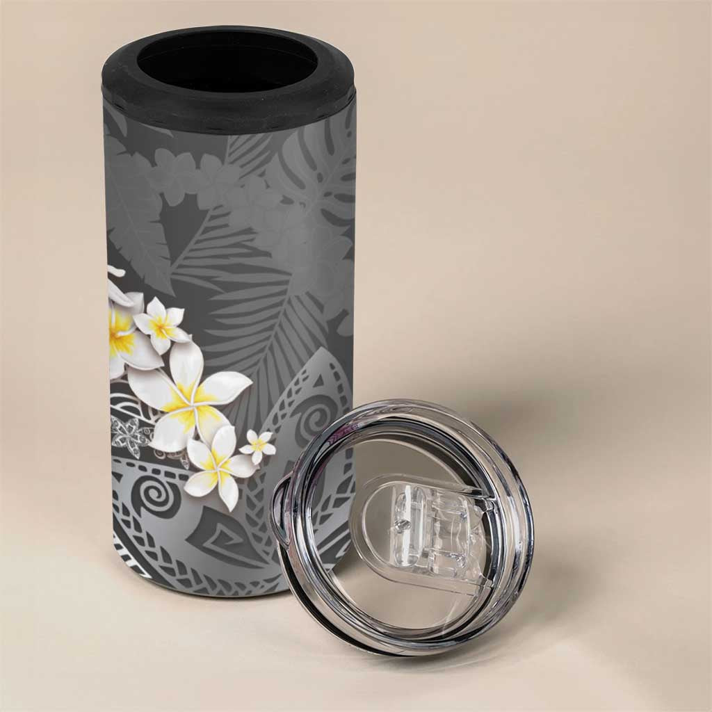 Gray Polynesian Tribal Frangipani Tropical Vibe 4 in 1 Can Cooler Tumbler