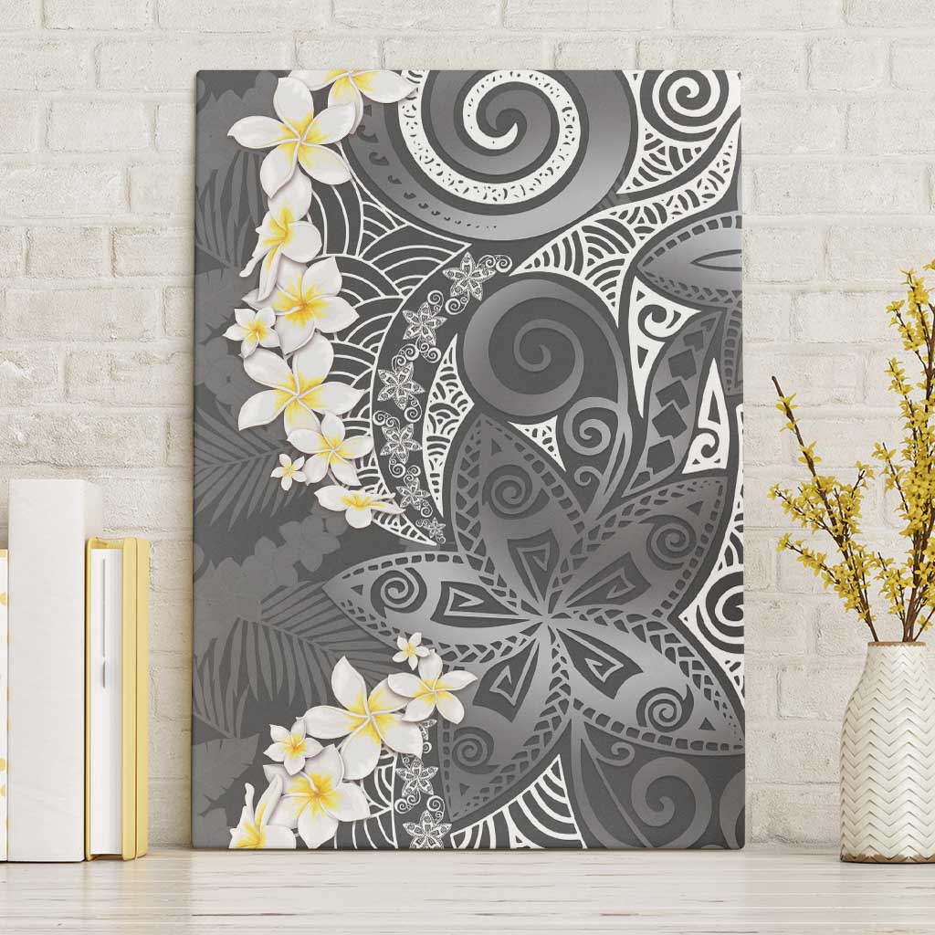 Gray Polynesian Tribal Frangipani Tropical Vibe Canvas Wall Art