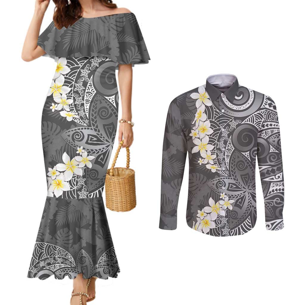 Gray Polynesian Tribal Frangipani Tropical Vibe Couples Matching Mermaid Dress and Long Sleeve Button Shirt LT14 Gray - Polynesian Pride
