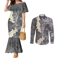Gray Polynesian Tribal Frangipani Tropical Vibe Couples Matching Mermaid Dress and Long Sleeve Button Shirt LT14 Gray - Polynesian Pride