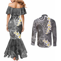 Gray Polynesian Tribal Frangipani Tropical Vibe Couples Matching Mermaid Dress and Long Sleeve Button Shirt LT14 - Polynesian Pride