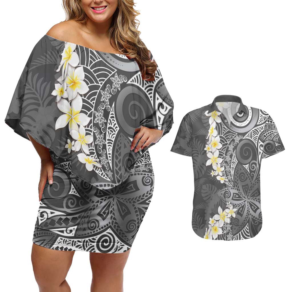 Gray Polynesian Tribal Frangipani Tropical Vibe Couples Matching Off Shoulder Short Dress and Hawaiian Shirt