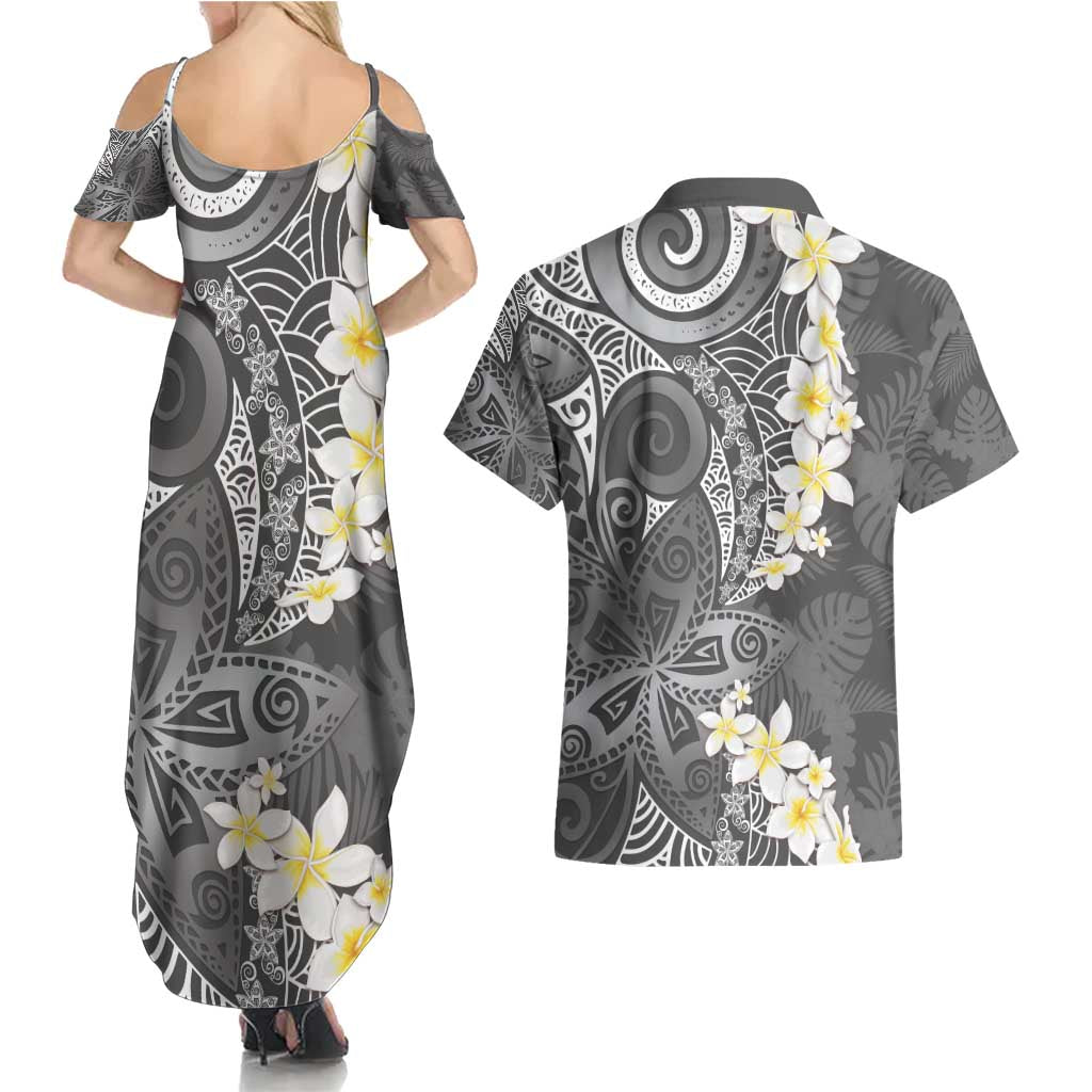 Gray Polynesian Tribal Frangipani Tropical Vibe Couples Matching Summer Maxi Dress and Hawaiian Shirt