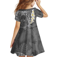 Gray Polynesian Tribal Frangipani Tropical Vibe Family Matching Off The Shoulder Long Sleeve Dress and Hawaiian Shirt