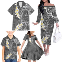 Gray Polynesian Tribal Frangipani Tropical Vibe Family Matching Off The Shoulder Long Sleeve Dress and Hawaiian Shirt