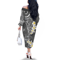 Gray Polynesian Tribal Frangipani Tropical Vibe Family Matching Off The Shoulder Long Sleeve Dress and Hawaiian Shirt