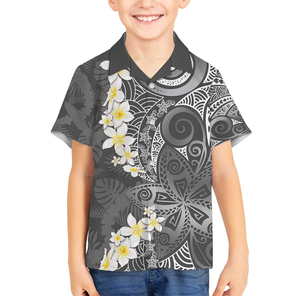Gray Polynesian Tribal Frangipani Tropical Vibe Family Matching Puletasi and Hawaiian Shirt