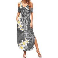 Gray Polynesian Tribal Frangipani Tropical Vibe Family Matching Summer Maxi Dress and Hawaiian Shirt
