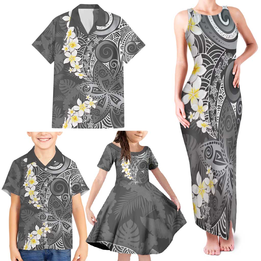 Gray Polynesian Tribal Frangipani Tropical Vibe Family Matching Tank Maxi Dress and Hawaiian Shirt