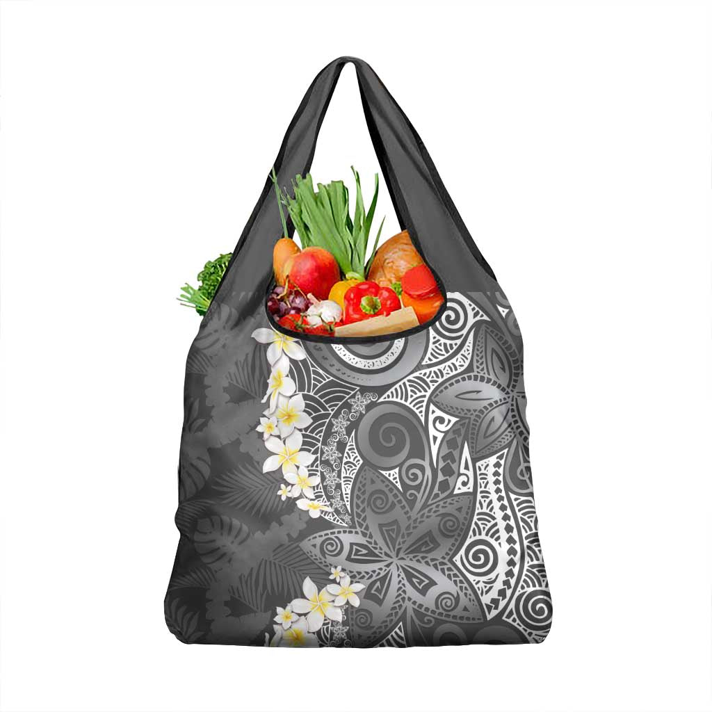 Gray Polynesian Tribal Frangipani Tropical Vibe Grocery Bag