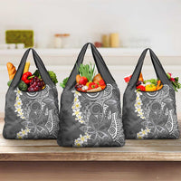 Gray Polynesian Tribal Frangipani Tropical Vibe Grocery Bag