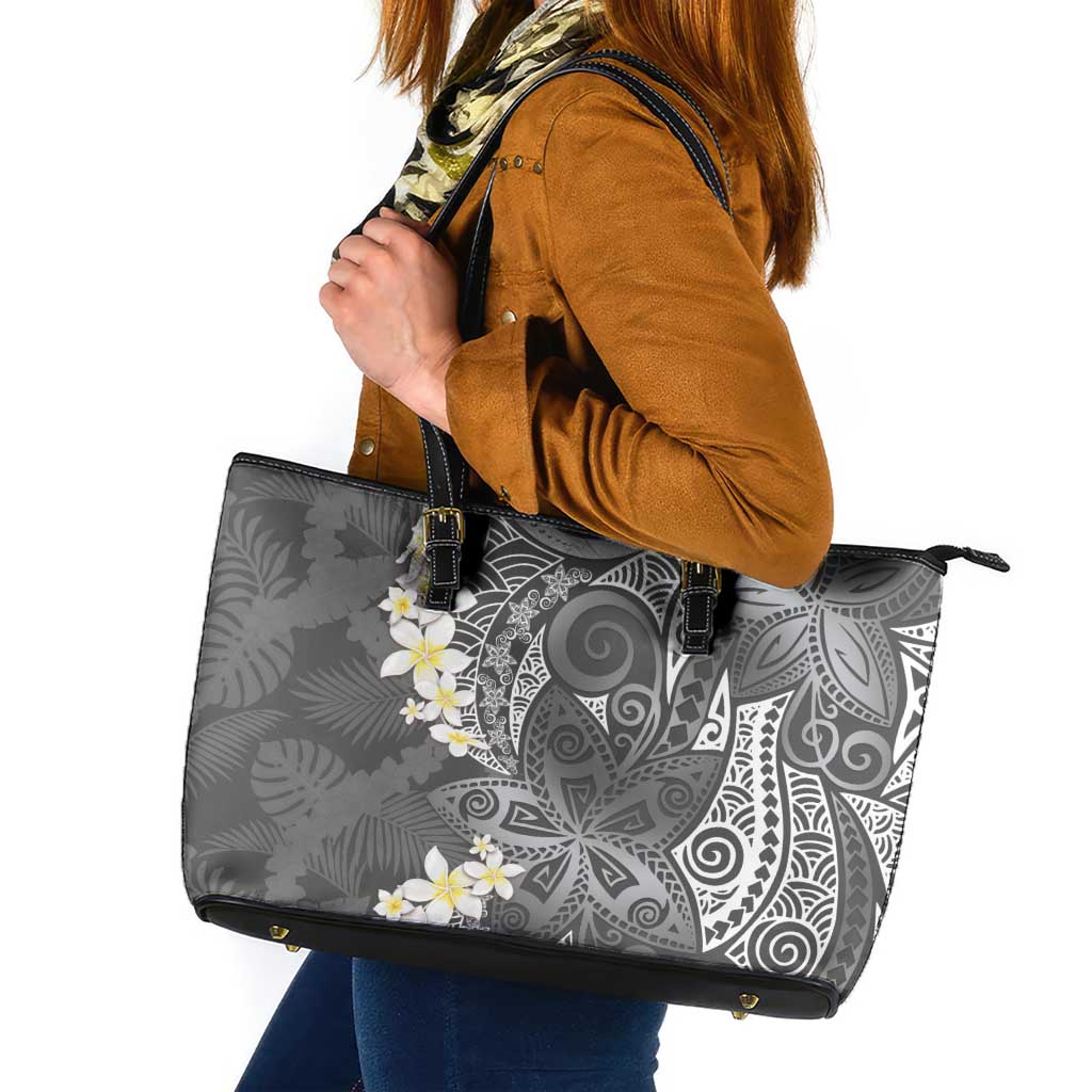 Gray Polynesian Tribal Frangipani Tropical Vibe Leather Tote Bag