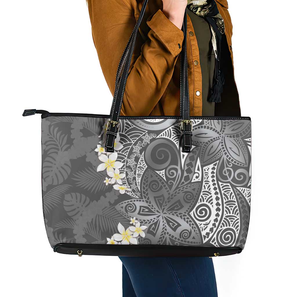 Gray Polynesian Tribal Frangipani Tropical Vibe Leather Tote Bag