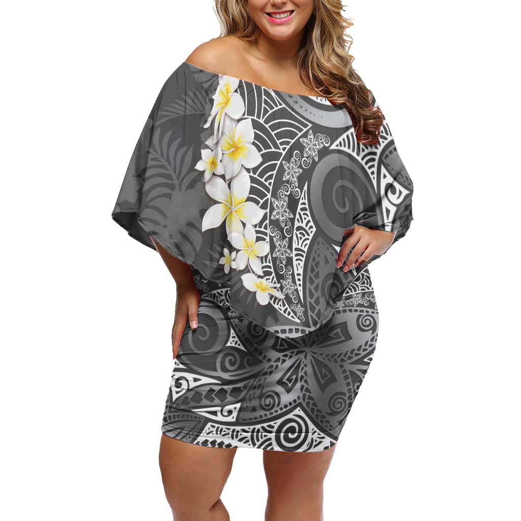 Gray Polynesian Tribal Frangipani Tropical Vibe Off Shoulder Short Dress