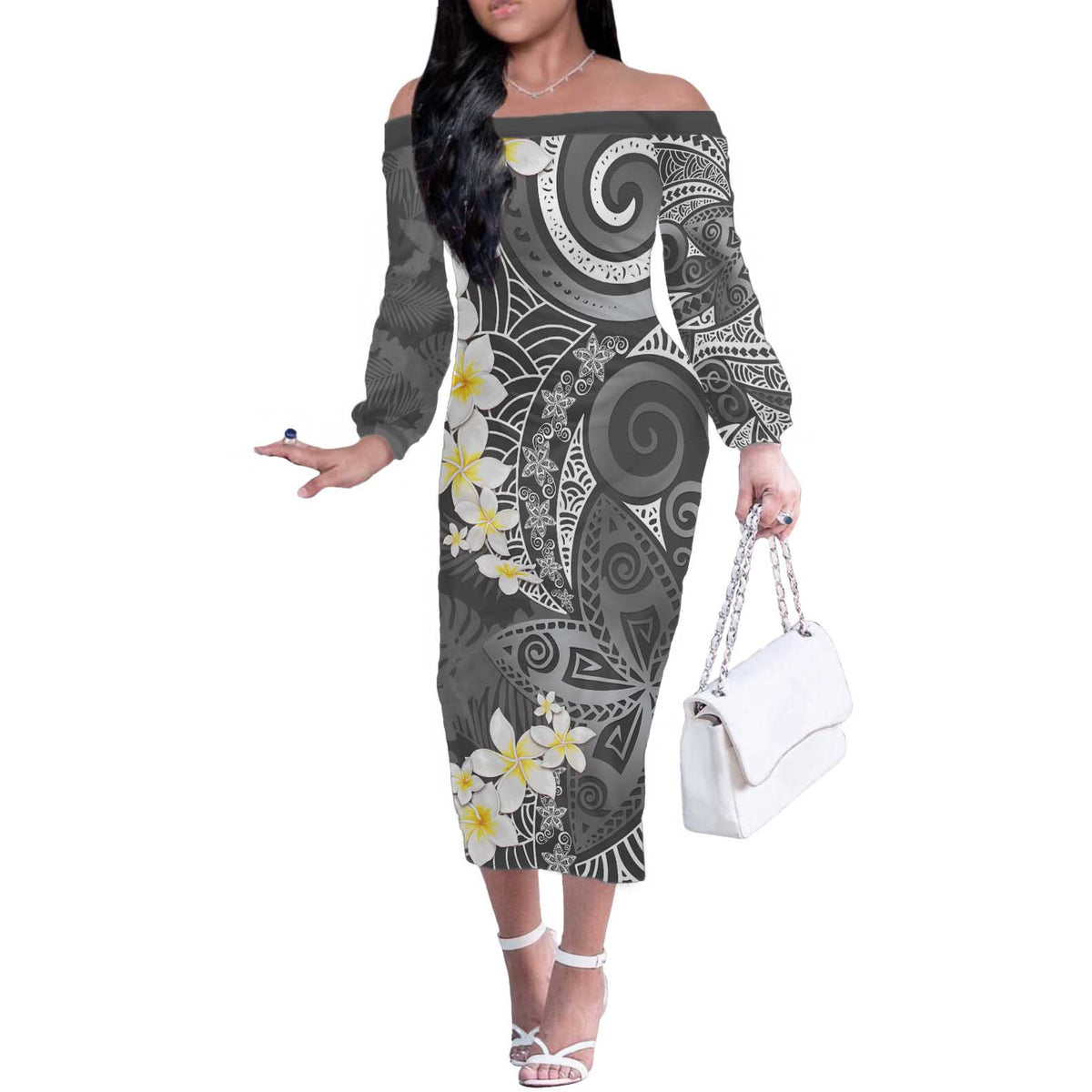 Gray Polynesian Tribal Frangipani Tropical Vibe Off The Shoulder Long Sleeve Dress