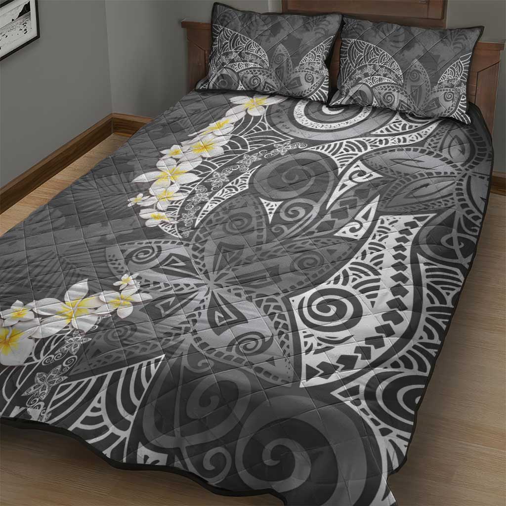 Gray Polynesian Tribal Frangipani Tropical Vibe Quilt Bed Set