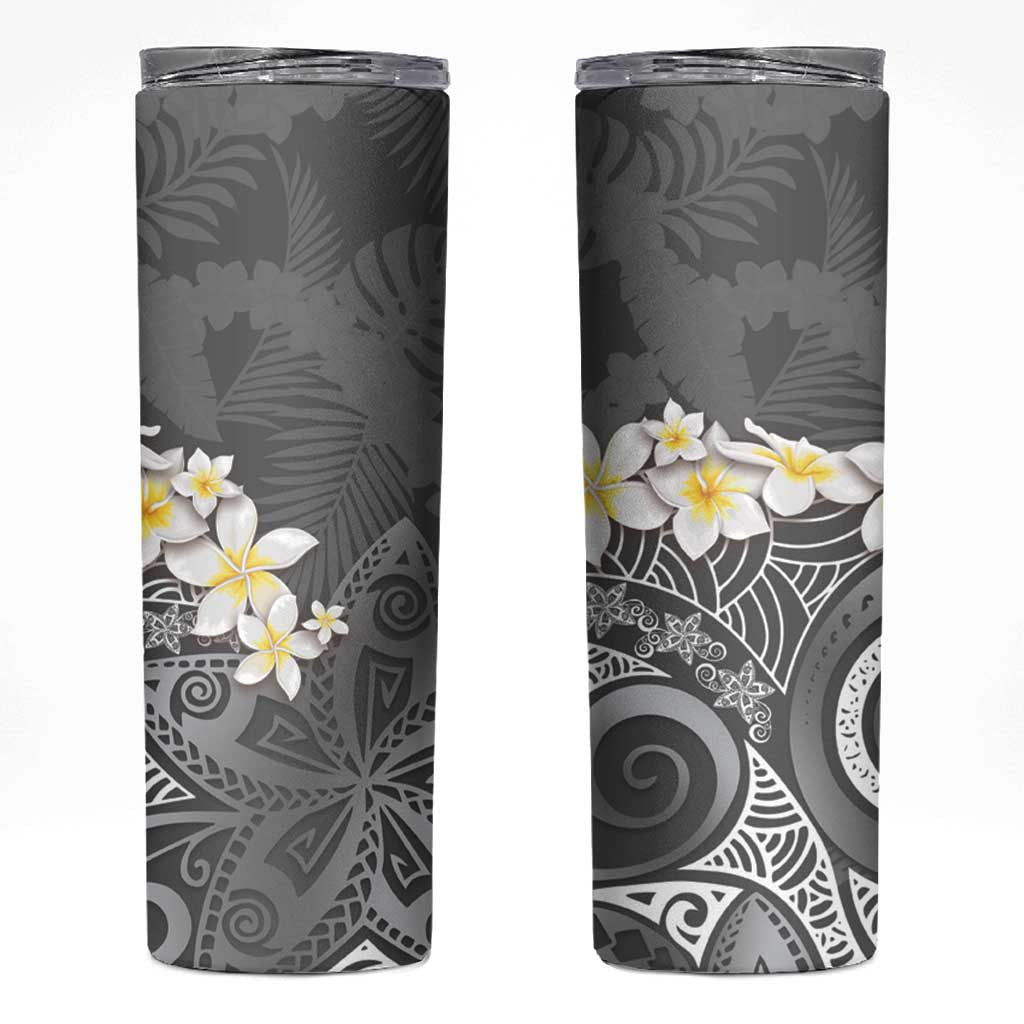 Gray Polynesian Tribal Frangipani Tropical Vibe Skinny Tumbler