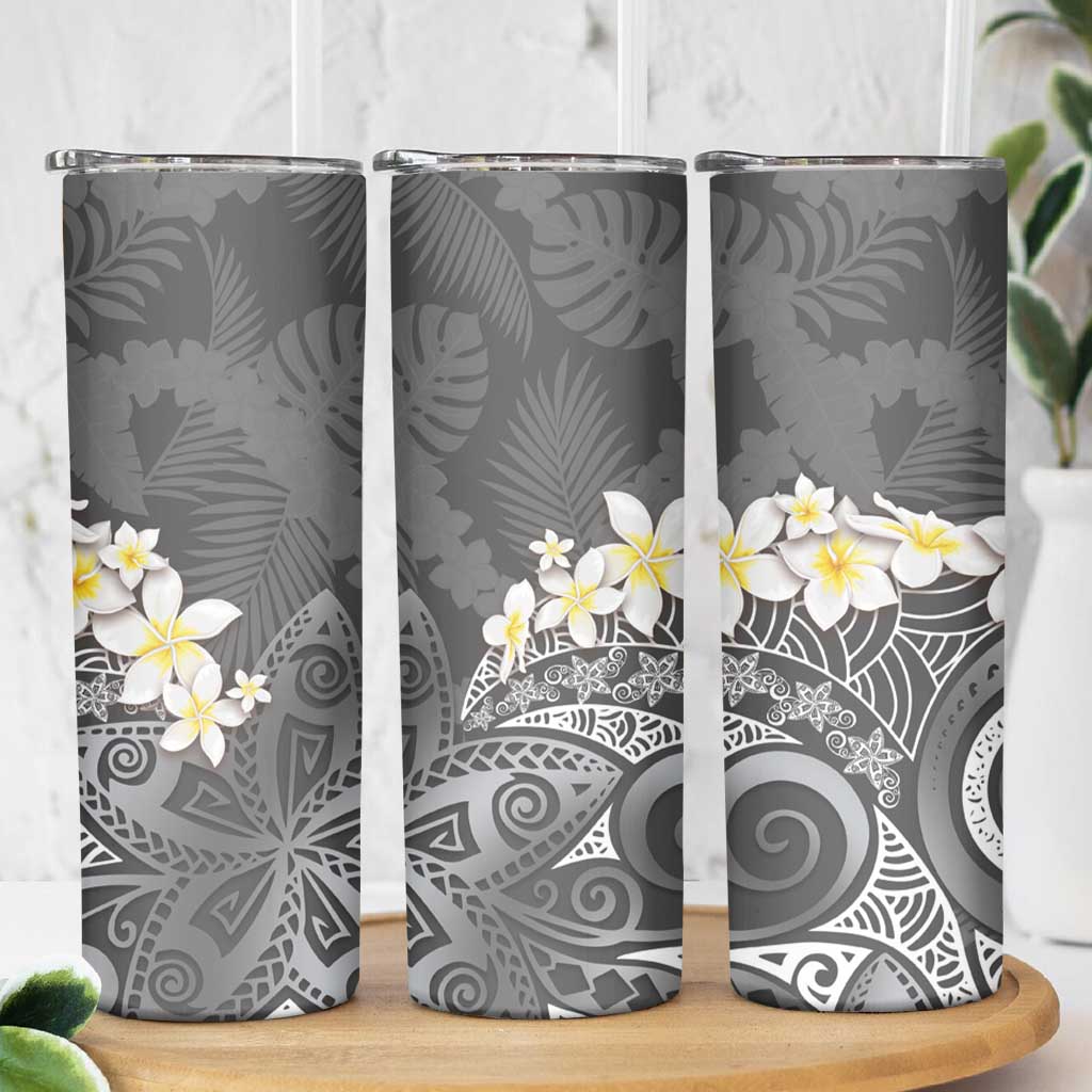 Gray Polynesian Tribal Frangipani Tropical Vibe Skinny Tumbler
