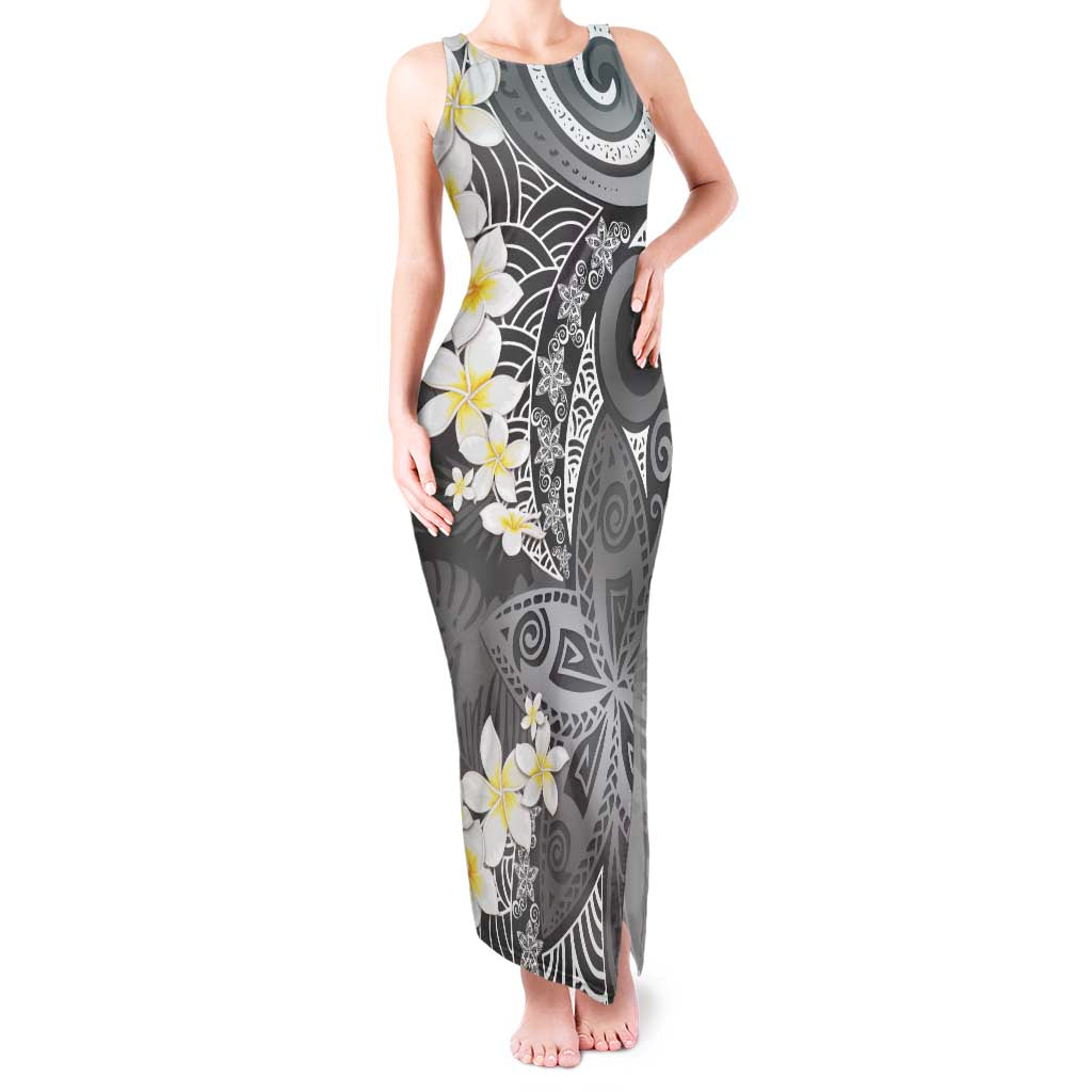 Gray Polynesian Tribal Frangipani Tropical Vibe Tank Maxi Dress