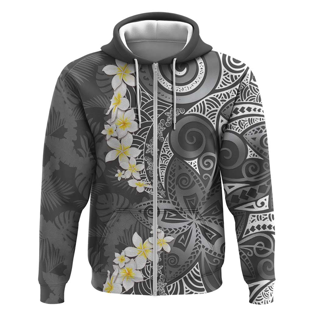 Gray Polynesian Tribal Frangipani Tropical Vibe Zip Hoodie