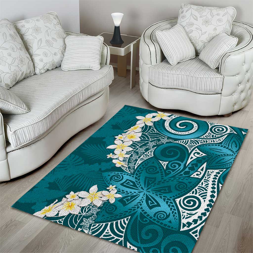 Cyan Polynesian Tribal Frangipani Tropical Vibe Area Rug
