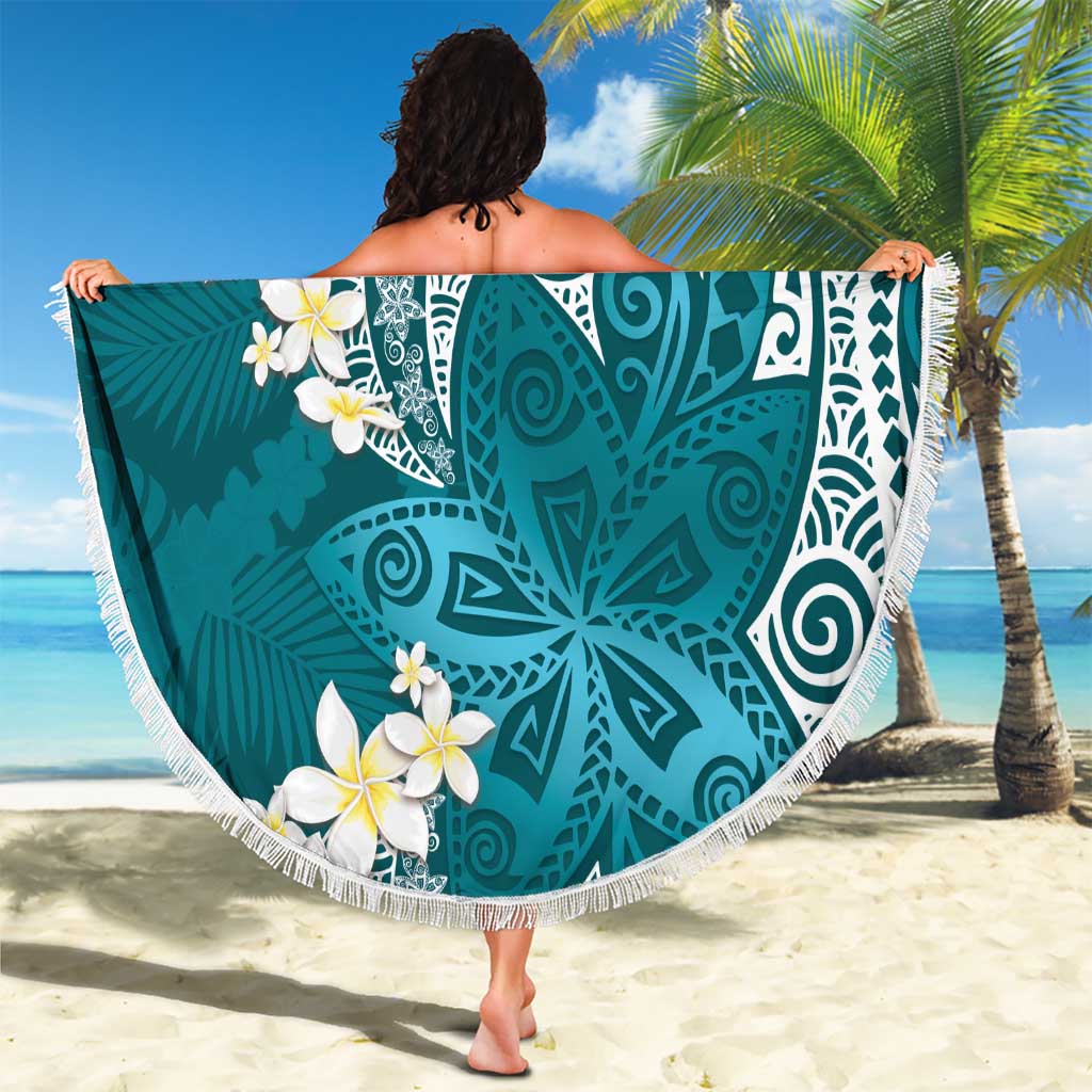 Cyan Polynesian Tribal Frangipani Tropical Vibe Beach Blanket