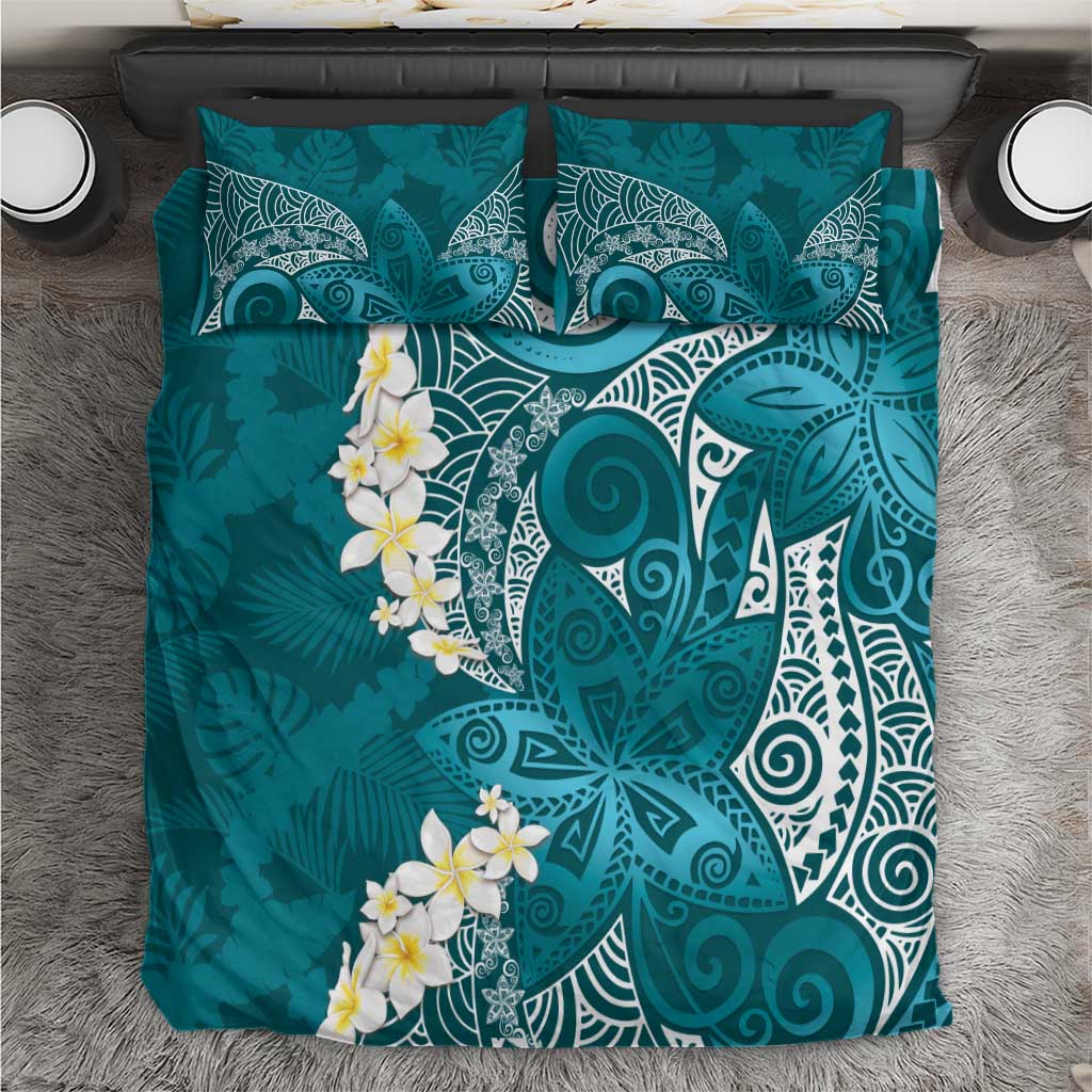 Cyan Polynesian Tribal Frangipani Tropical Vibe Bedding Set