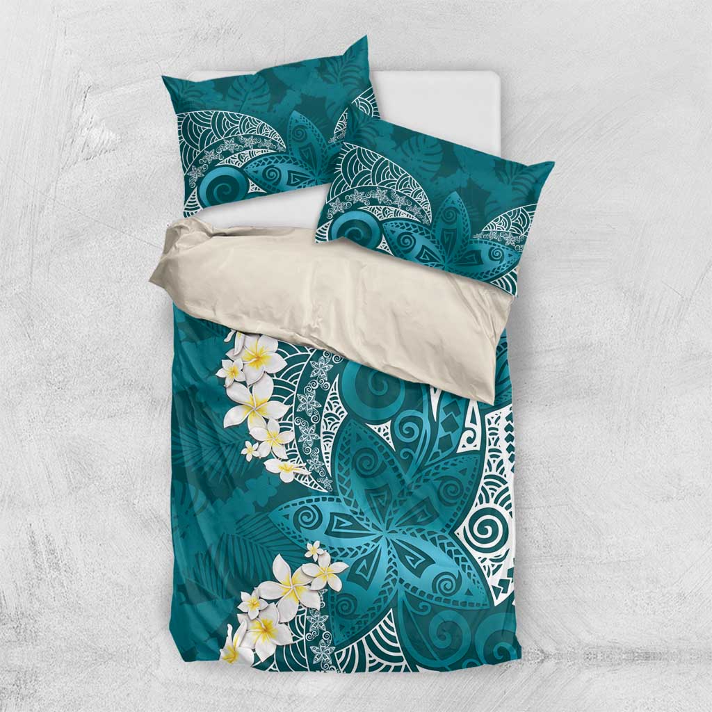 Cyan Polynesian Tribal Frangipani Tropical Vibe Bedding Set