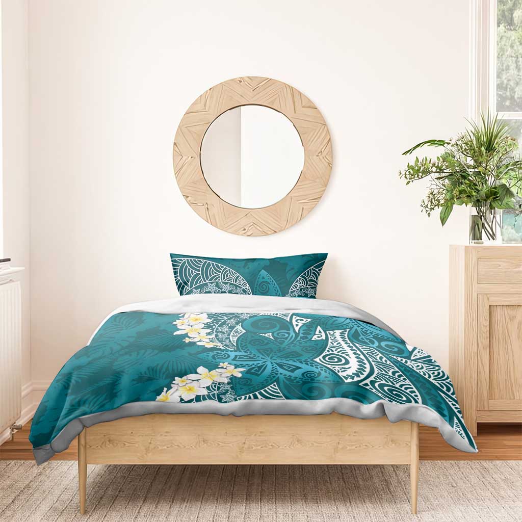 Cyan Polynesian Tribal Frangipani Tropical Vibe Bedding Set