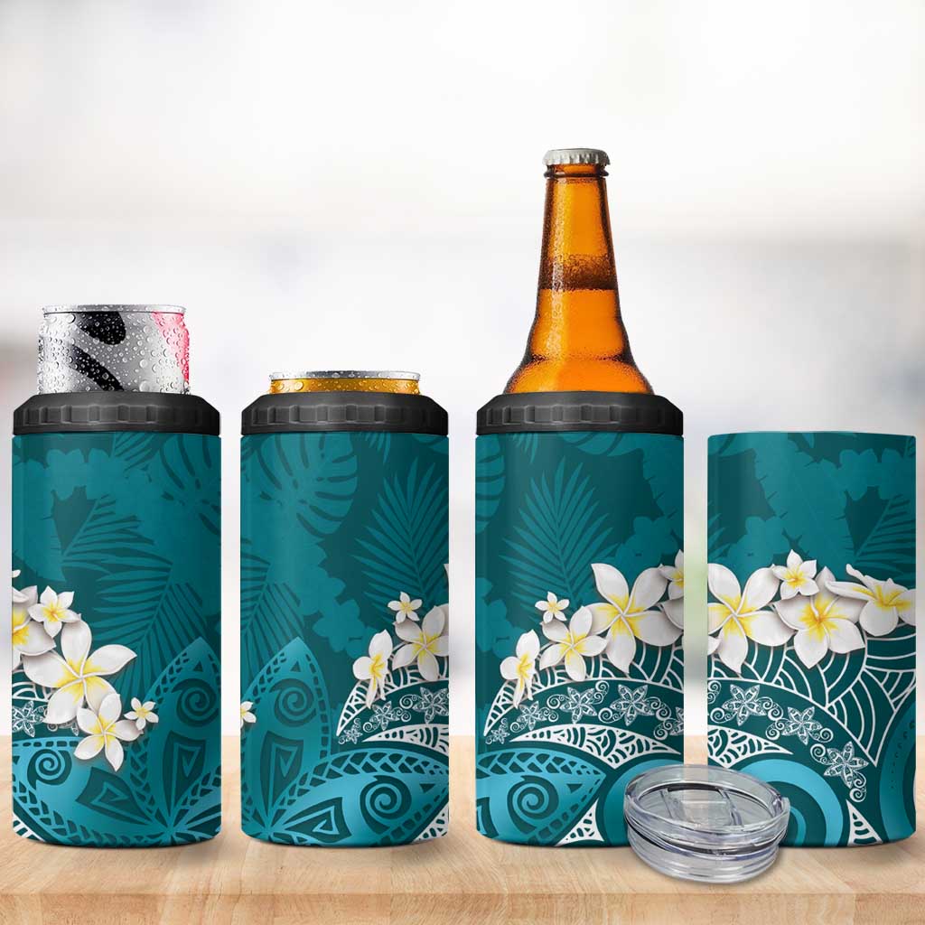 Cyan Polynesian Tribal Frangipani Tropical Vibe 4 in 1 Can Cooler Tumbler