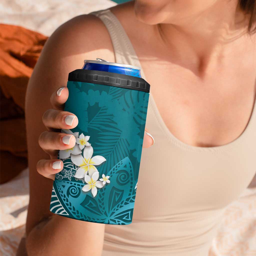 Cyan Polynesian Tribal Frangipani Tropical Vibe 4 in 1 Can Cooler Tumbler