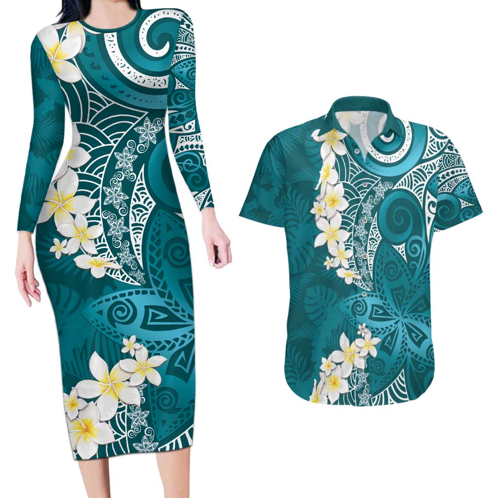 Cyan Polynesian Tribal Frangipani Tropical Vibe Couples Matching Long Sleeve Bodycon Dress and Hawaiian Shirt