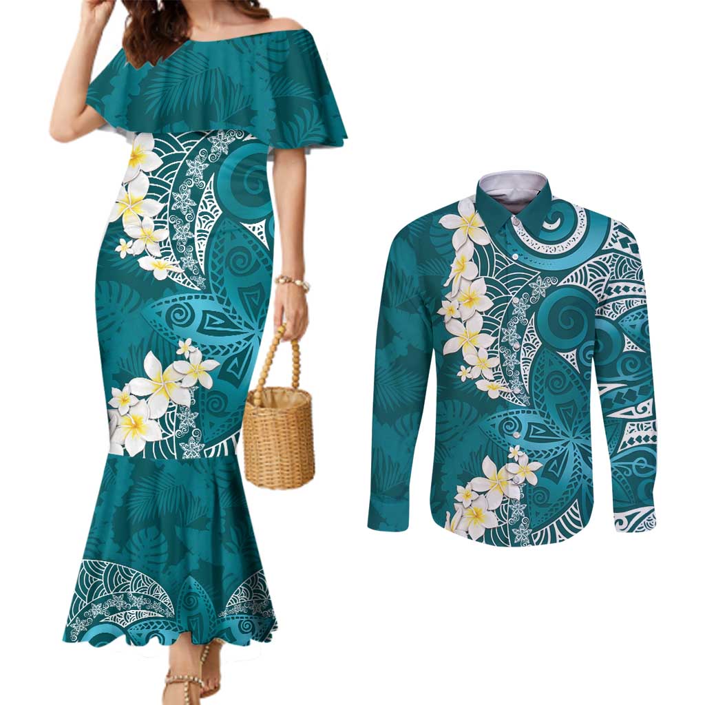 Cyan Polynesian Tribal Frangipani Tropical Vibe Couples Matching Mermaid Dress and Long Sleeve Button Shirt