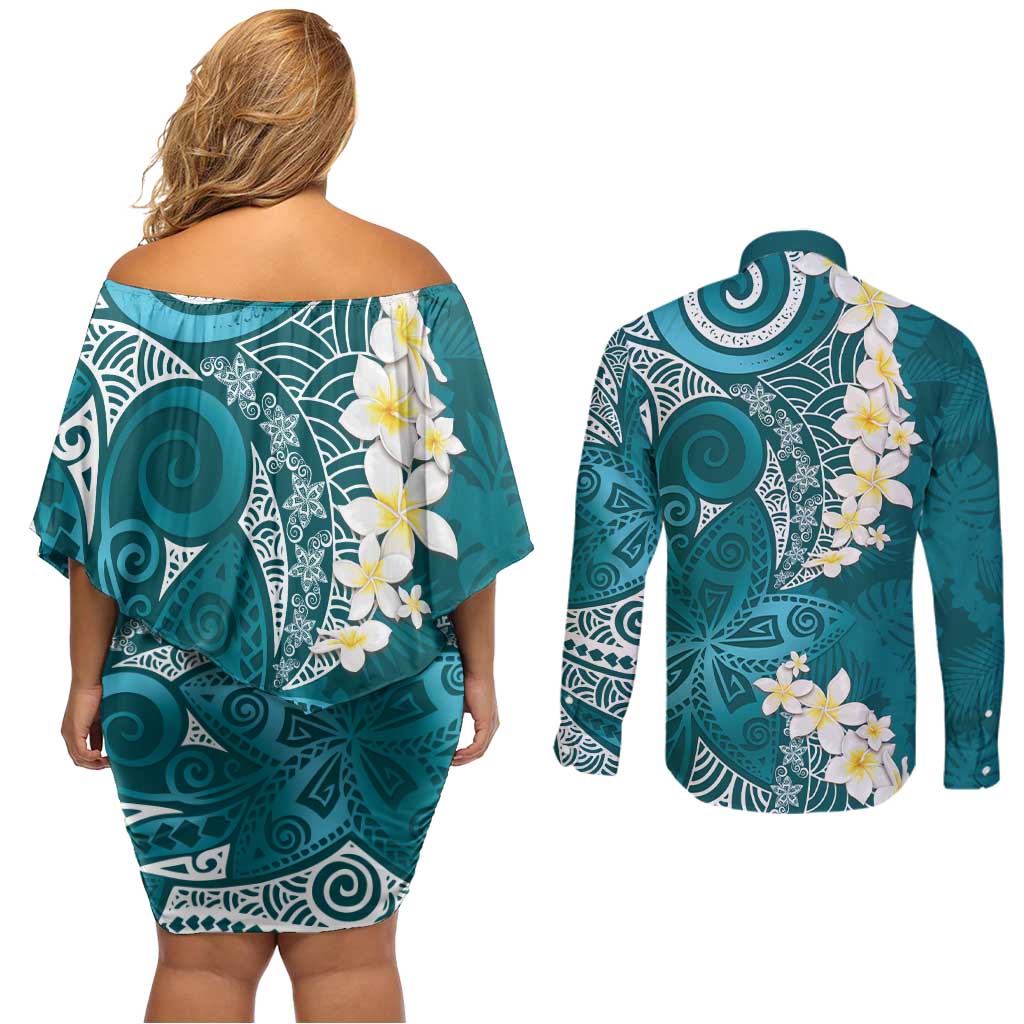 Cyan Polynesian Tribal Frangipani Tropical Vibe Couples Matching Off Shoulder Short Dress and Long Sleeve Button Shirt